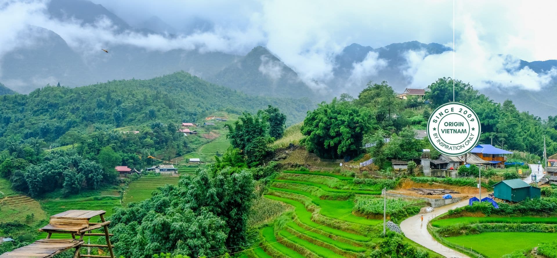 Scenic view of Cat Cat Village with terraced fields and Hmong houses in Sapa